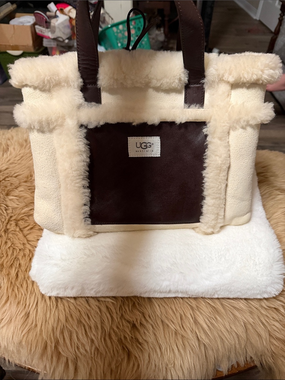 UGG Australia Tote Bag Fur Trimmed, Cream Color Suede w/ Brown Leather Front